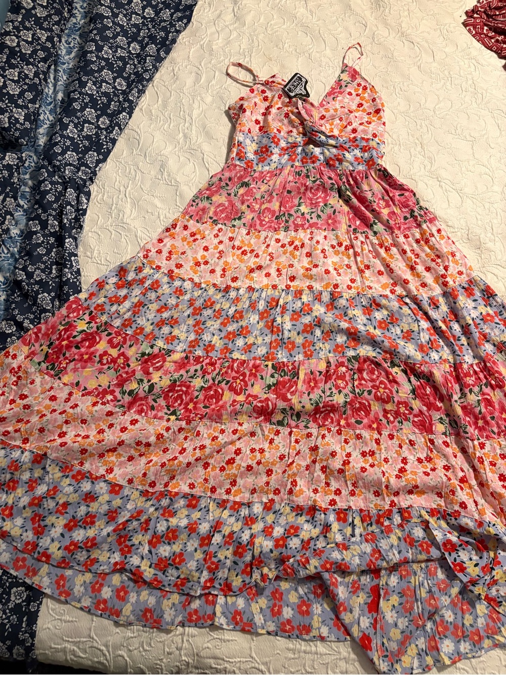 Angie Pink and Blue Floral Tiered Maxi Dress